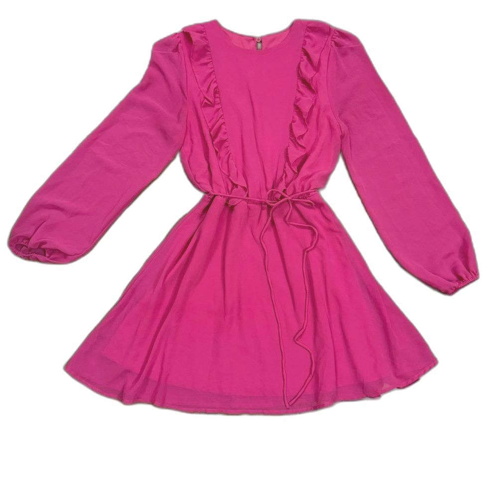 Women's Francesca's Pink Mini Dress with Ruffles Long Bishop Sleeves Sz XS